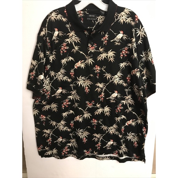 Izod Golf Large Taupe Birds Floral Leaves‎ short sleeve polo shirt - Picture 1 of 4